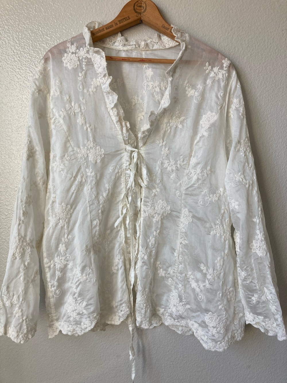 Ruffle tie Front embroidered cottagecore Sheer scalloped hem floral boho top